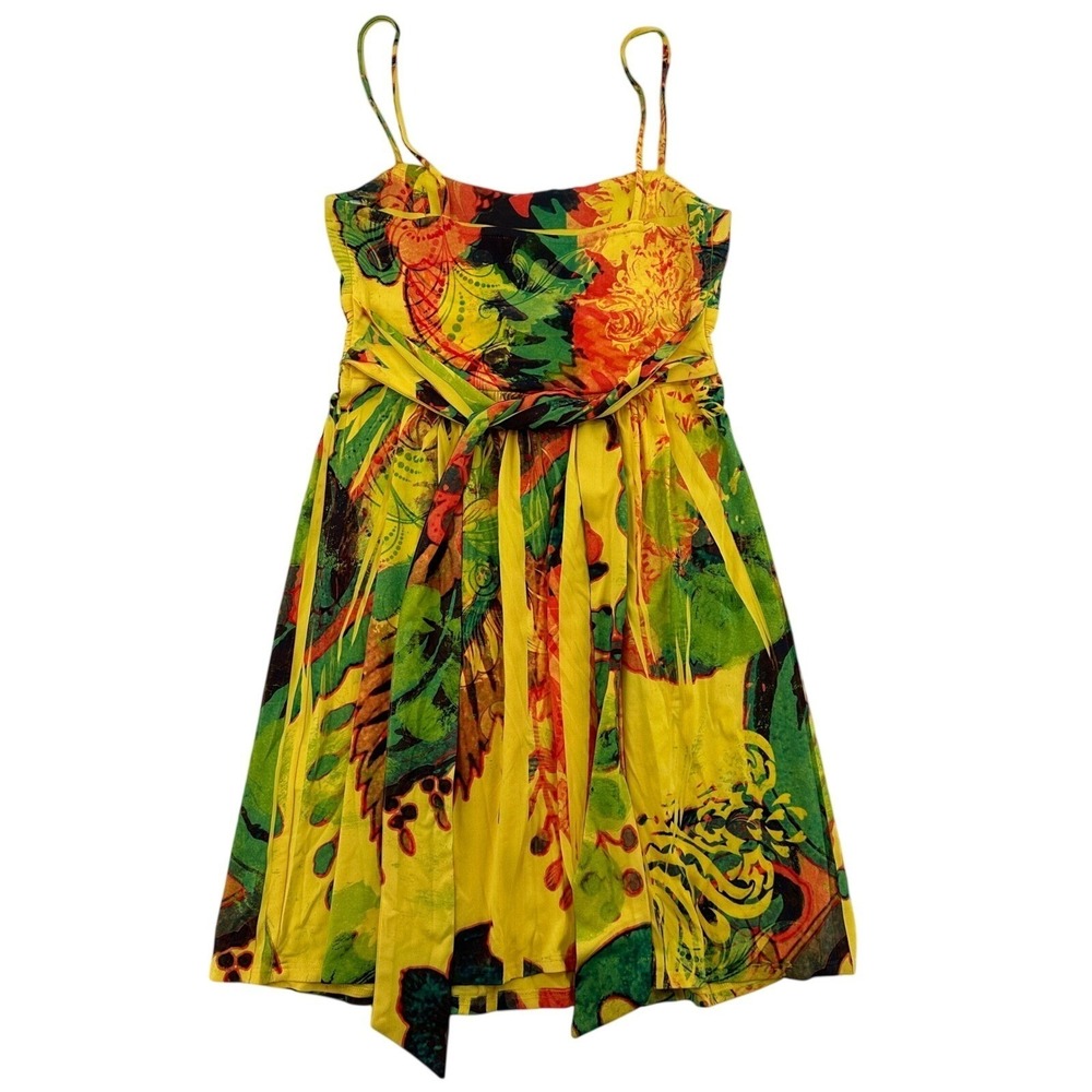 City Studio Sz M Yellow Floral Print Spaghetti Strap Ruched Empire Waist Dress
